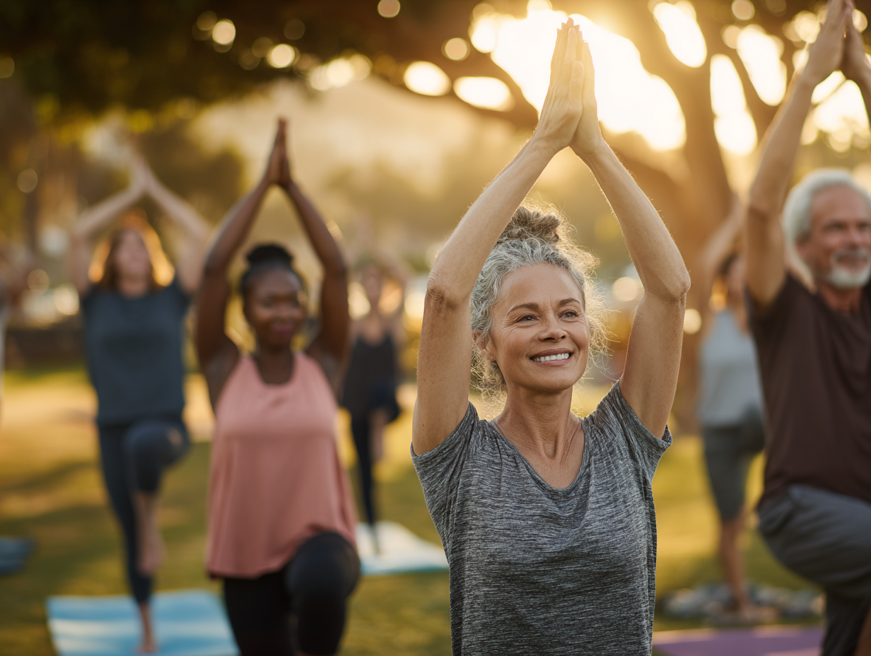 Grup divers de oameni de diferite vârste practicând yoga împreună în aer liber